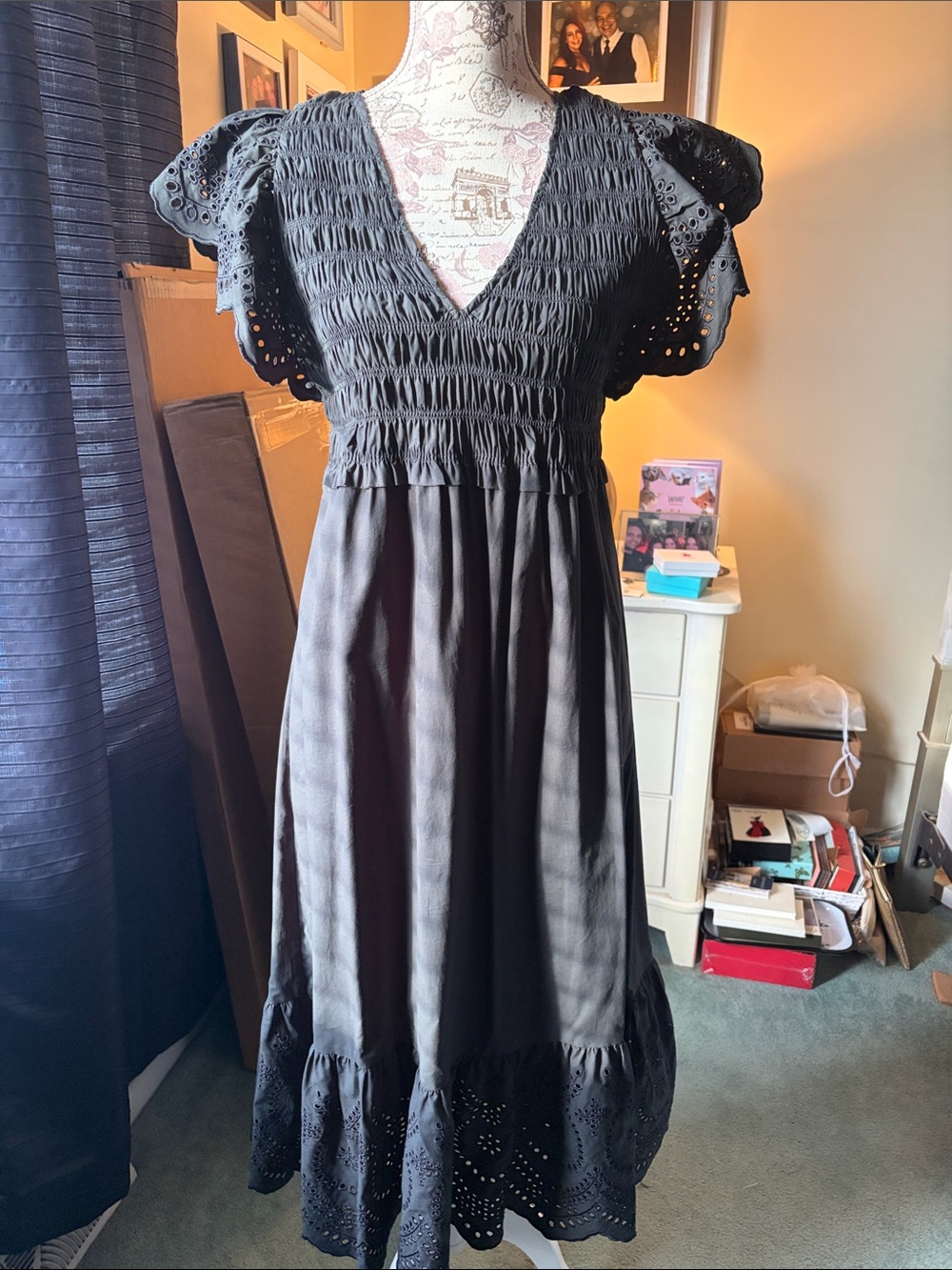 RAils Black V-Neck Eyelet Midi Dress -